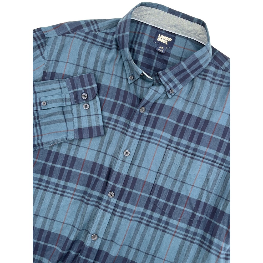 Lands End Mens XXL Blue Plaid Button Down Shirt Long Sleeve Cotton Blend 1797248